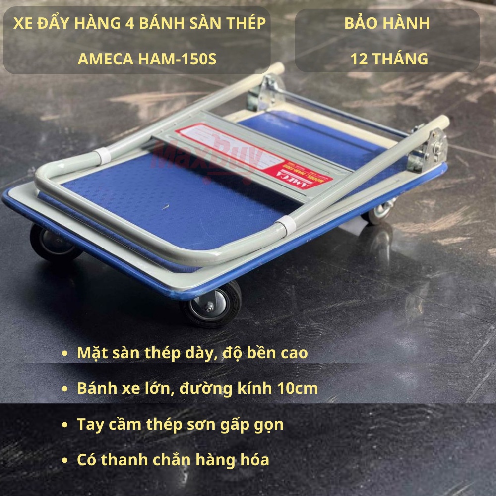 Xe đẩy hàng kéo hàng 4 bánh sàn thép giảm ồn tốt gấp gọn tiện lợi Ameca HAM-150S bảo hành 12 tháng giao hỏa tốc HN