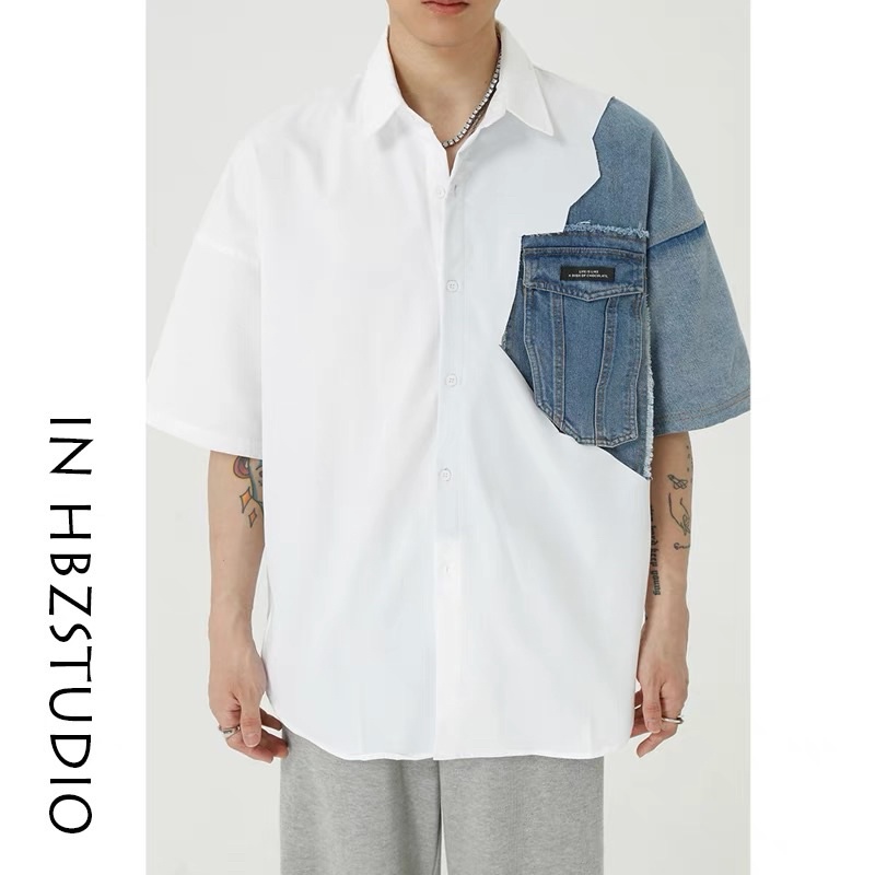 Áo sơ mi hàn quốc xẻ tà cho nam - tay lửng phối jean rách phong cách unisex