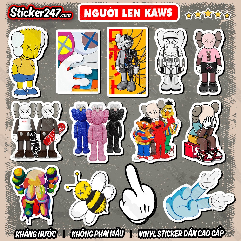 Sticker Người Len Kaws 𝑭𝒓𝒆𝒆𝒔𝒉𝒊𝒑 Decal Chống Thấm Nước, Sticker Dán Mũ Bảo Hiểm, Dán Vali, Laptop, Đàn Guitar