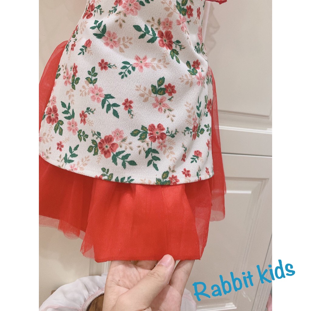 Áo Dài Cách Tân Thiết Kế Cao Cấp Cho Bé Gái FREESHIPTẶNG TURBAN-Rabbit Kids-Đầm Tết Trẻ Em Hoạ Tiết Hoa Lá Chân Váy Đỏ