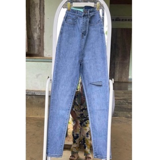 Jeans dài lưng cao co giãn rách 1bên L