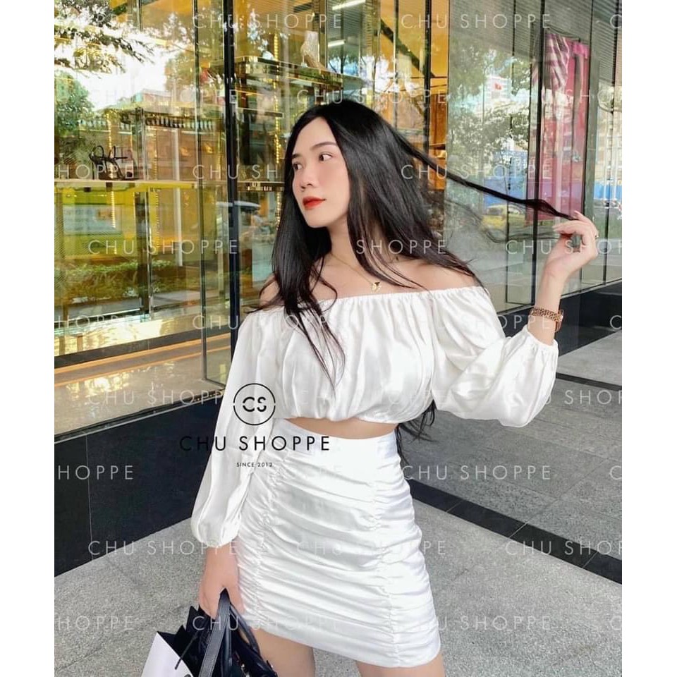 Sét Áo Trễ Vai Kèm Chân Váy Nhún Hai Màu Trắng Đen Cực Đẹp, Mặc Dạo Phố , Quẩy Bar | BigBuy360 - bigbuy360.vn