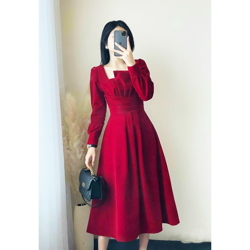 Đầm dự tiệc dáng dài dễ thương dập ly ngực tay dài cổ vuông cá tính trẻ trung XUKA-DRESS MT100-chất Lụa cao cấp đẹp