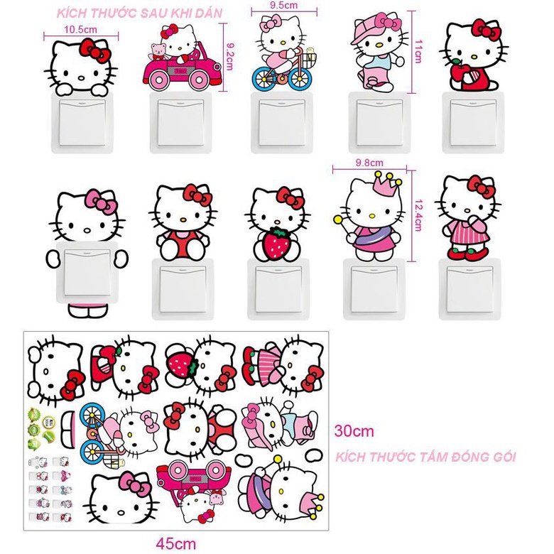Set 10 hình dán tường Hello Kitty - decal dán công tắc - ổ điện siêu dễ thương AmyShop