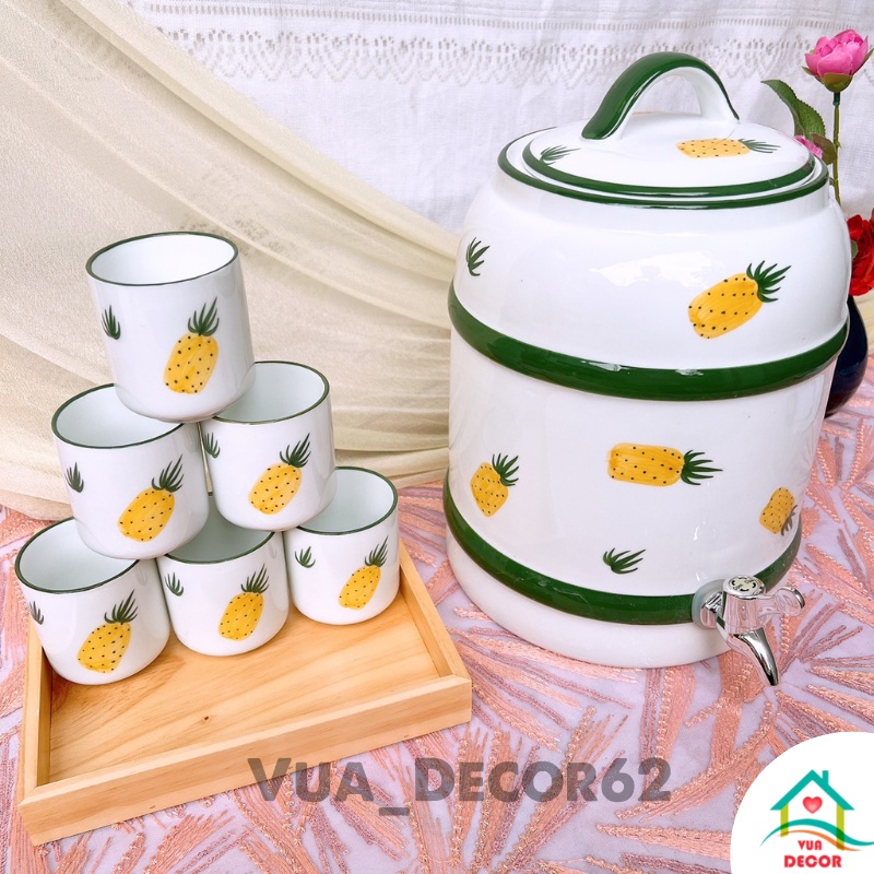 Bộ Bình đựng nước Gốm Sứ Bát Tràng có vòi, bình gốm 9 lit Hình Quả Dứa Decor Cực Xinh