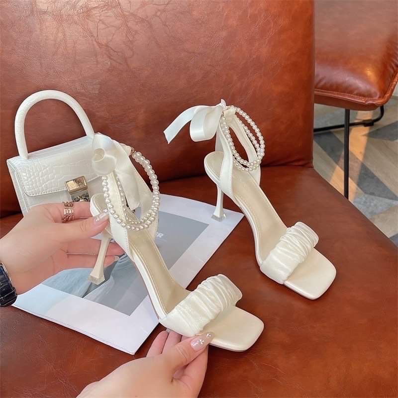 Giày Cao Gót Nữ mũi hở đế nhọn dây quai ngọc thắt nơ 7 phân, giày sandal 7 phân quai ngọc mùa hè 2022