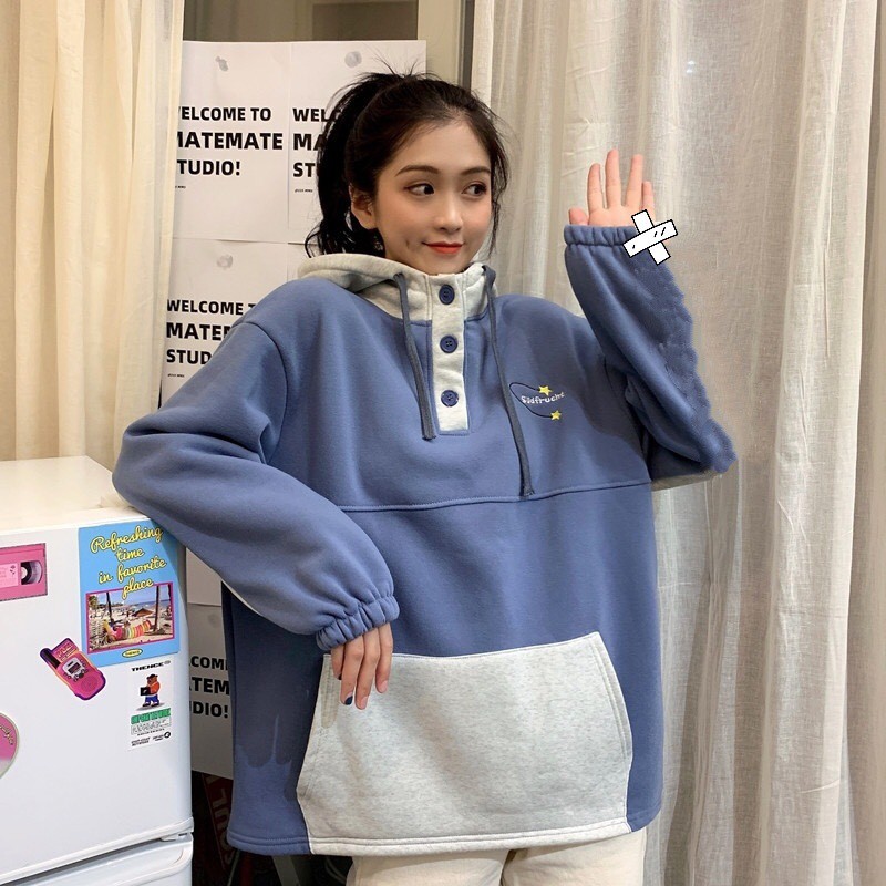 ÁO HOODIE PHỐI MÀU MŨ TÚI SUDFRUCHT - ÁO NỈ NGOẠI HOODIE CÚC CÀI TAY CHUN PHỒNG XANH XÁM | BigBuy360 - bigbuy360.vn