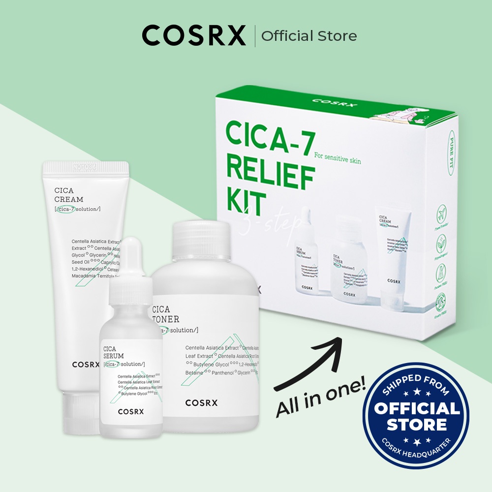  Set dưỡng da rau má COSRX CICA-7 RELIEF KIT gồm toner 30ml, tinh chất 10ml, kem dưỡng 15ml