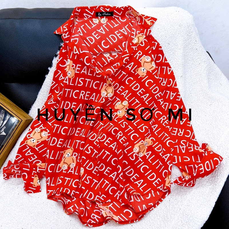Áo sơ mi lụa gấu đỏ có bigsize