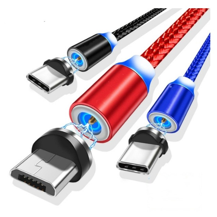 Cáp Sạc Nam Châm Hỗ Trợ Sạc Nhanh- 3 Đầu Sạc Lightning, Micro USB, Typ - Độ Dài 1 Mét, Tròn Xoay 360 Độ - Bọc Dù Cao Cấp
