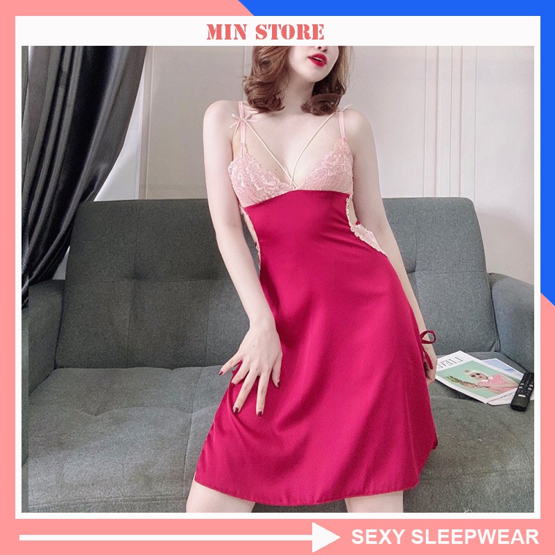 Váy ngủ 2 dây cao cấp lụa satin sexy gợi cảm phối ren khoét sườn V003