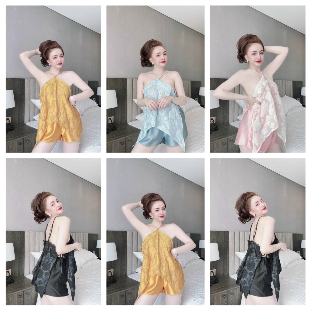 Set bộ yếm ngủ sexy áo voan ép hoa nổi quần satin -đồ mặc nhà fom dưới 55 kg siêu sexy
