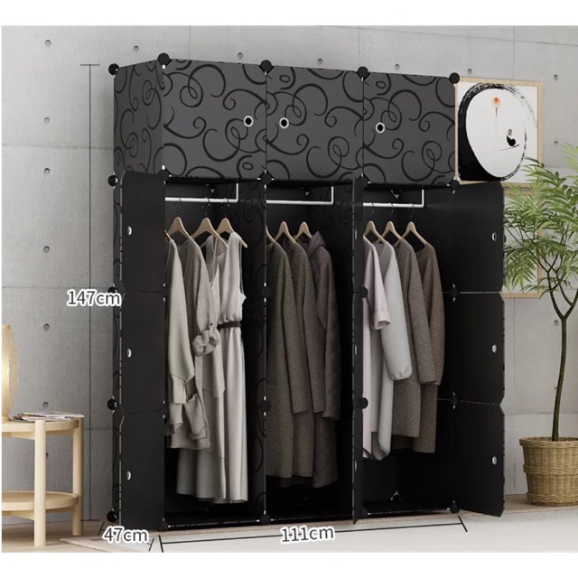 Tủ nhựa quần áo lắp ghép 12 ô sâu 47cm( thân đen cửa đen vân sang chảnh). Tặng 2 móc treo đồ.