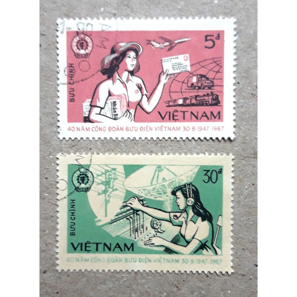 Tem sưu tập MS 520 Tem CTO Việt Nam Kỷ niệm 40 năm thành lập Công đoàn Bưu điện Việt Nam 1987 ( 2 tem )
