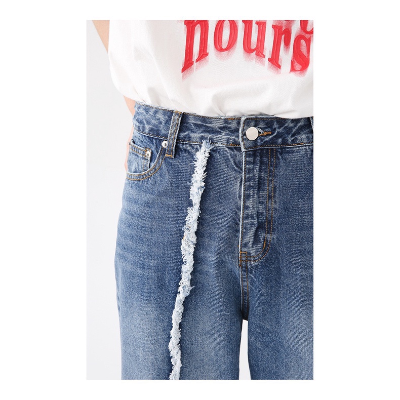 Quần denim nam nữ một bên li rách túi ngược màu xanh