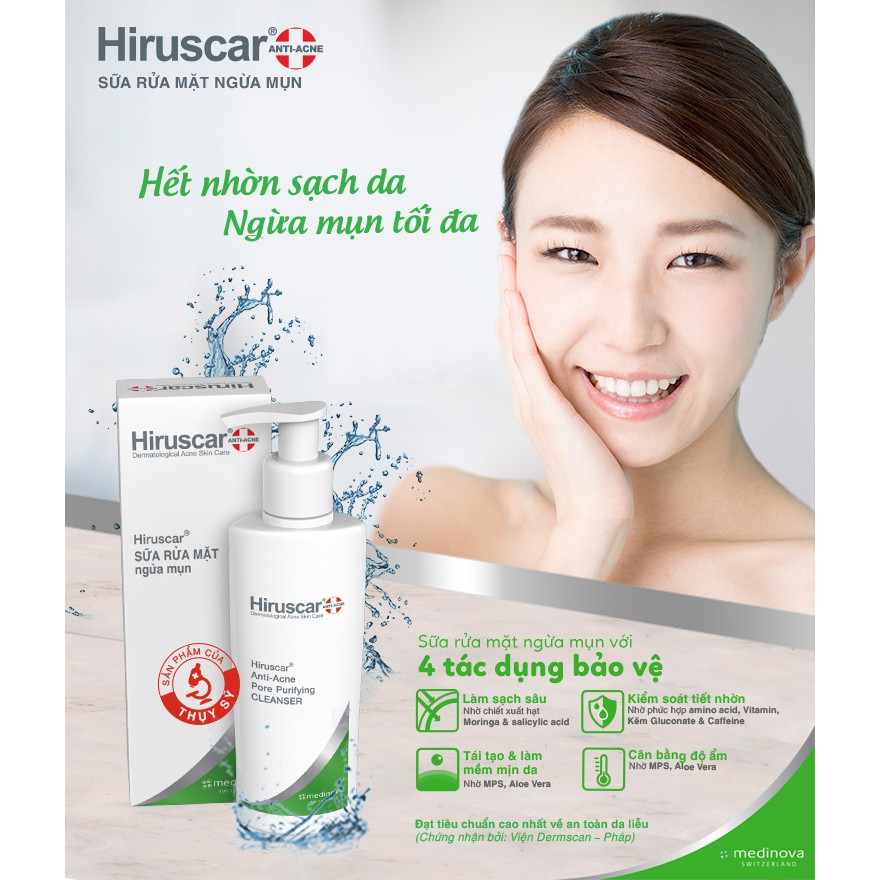 🌟[Chính Hãng] Sữa rửa mặt ngừa mụn HIRUSCAR Anti-Acne Cleanser+ [Chai 100ml] [Hirusca]