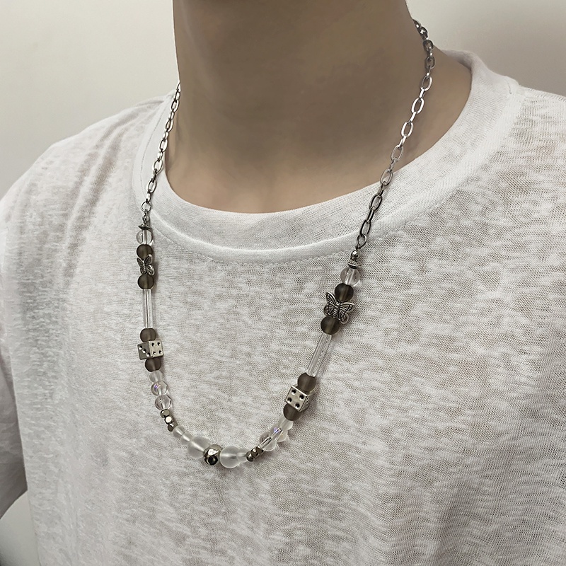 Vòng cổ Thép Titan Phối Mặt Hình Bướm Và Ngọc Trai Phong Cách hip hop Thời Trang Cho Nam Và Nữ