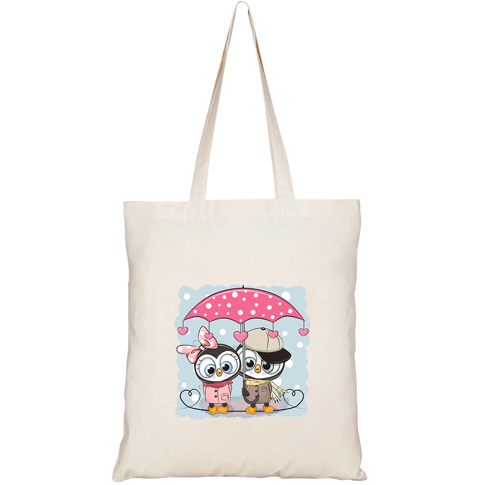 Túi vải tote canvas HTFashion in hình two cute cartoon penguins umbrella HT460