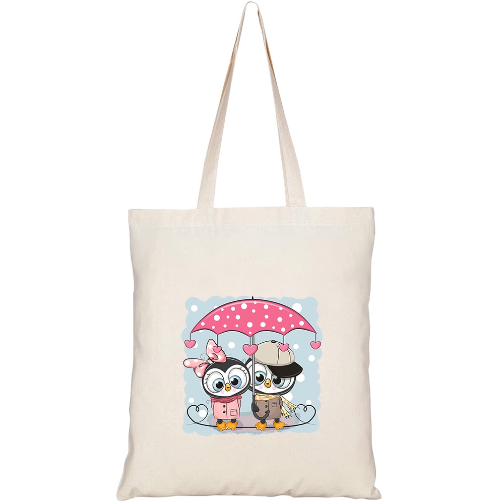 Túi vải tote canvas HTFashion in hình two cute cartoon penguins umbrella HT460