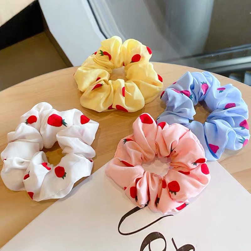 Dây buộc tóc Scrunchies lụa thời trang in hình quả dâu tây