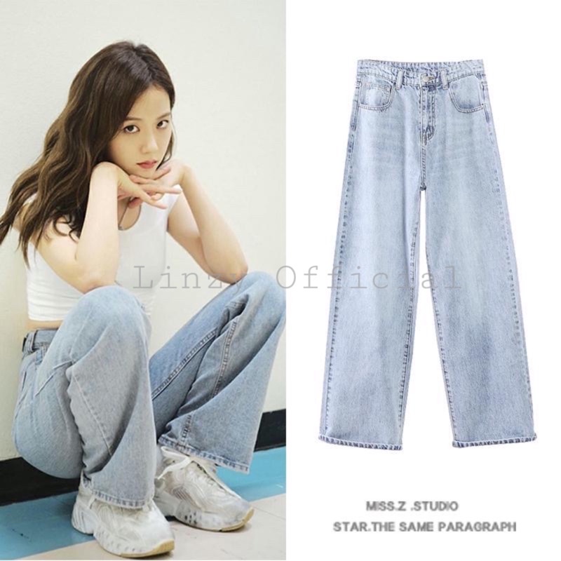 Quần jean nữ Jisoo cạp cao ống rộng dáng suông màu xanh tôn dáng quần bò ống rộng ulzzang unisex