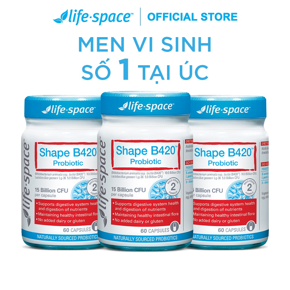 Combo 3 hộp men vi sinh Úc hỗ trợ tiêu hóa và kiểm soát cân nặng Life Space Shape B420 Probiotic (60 viên/1 hộp)