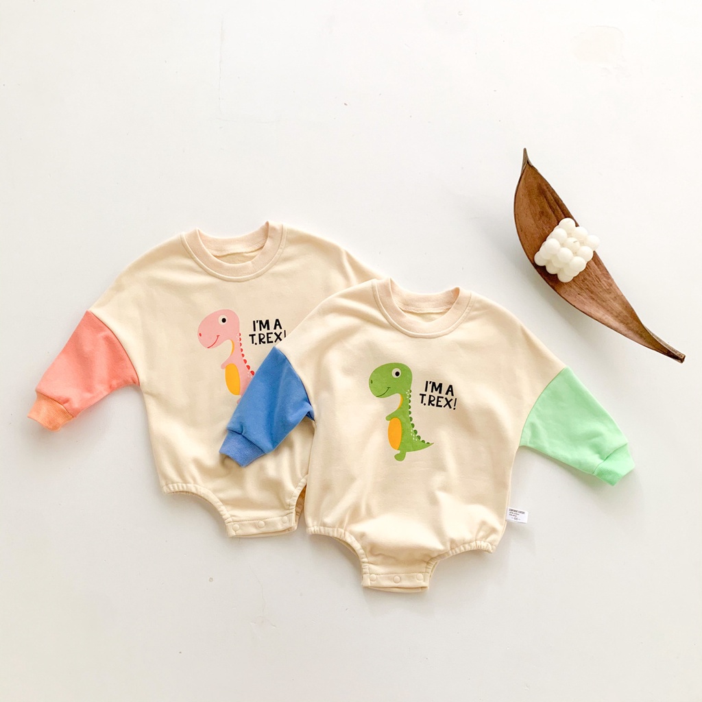 Áo Liền Quần Tay Dài In Hình Khủng Long Hoạt Hình Dành Cho Trẻ Em 0-2 Tuổi