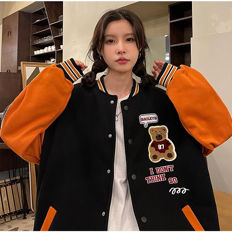 Áo khoác bóng chày ZHELIHANGFEI dáng rộng in hình gấu phong cách hip hop thời trang cá tính
