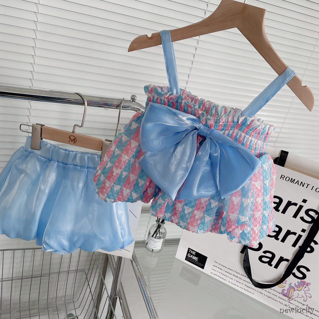 Set Đồ Mùa Hè 2 Món Gồm Áo Hai Dây Thắt Nơ Và Quần Ngắn Hàn Quốc Cho Bé Gái