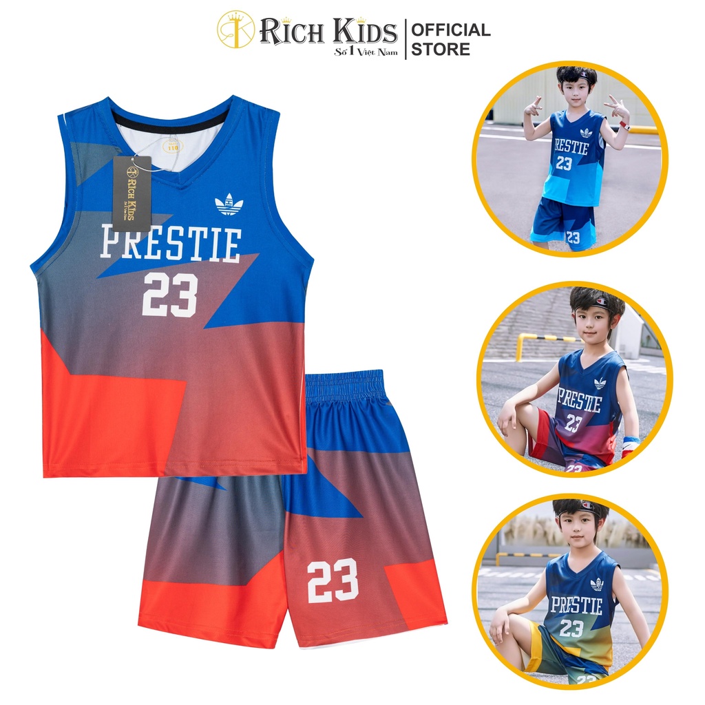 Bộ Ba Lỗ Bóng Rổ RICH KIDS Cho Bé Trai Từ 10 Đến 48kg, Vải Co Giãn Thoáng Mát