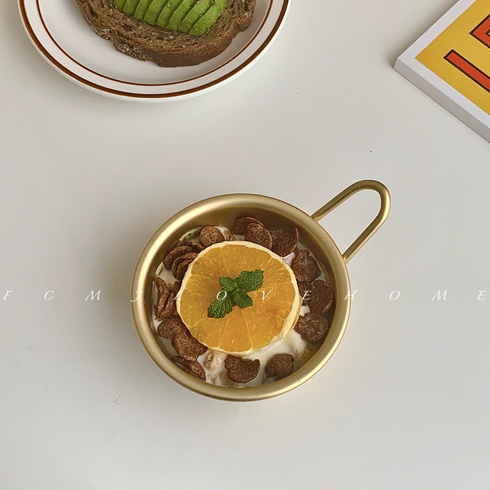 Tô Kim Loại Cỡ Nhỏ Có Tay Cầm Màu Vàng Bằng Thép Không Gỉ Phong Cách Retro Hàn Quốc Đa Ứng Dụng