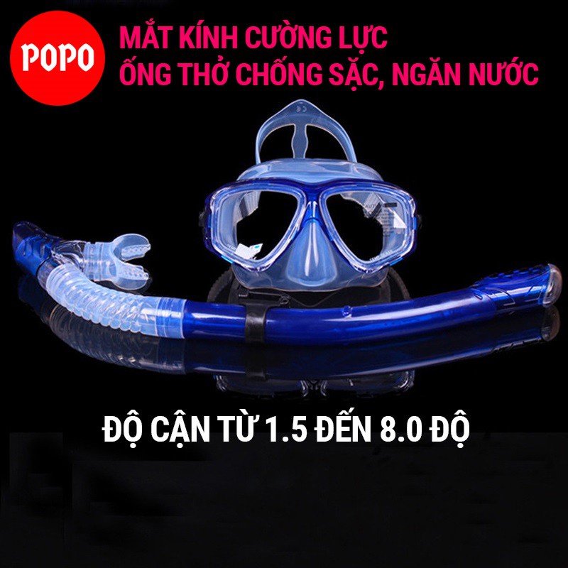 Mặt nạ lặn Ống thở có độ cận thị từ 1.5 độ  đến 8.0 độ, mắt KÍNH CƯỜNG LỰC POPO