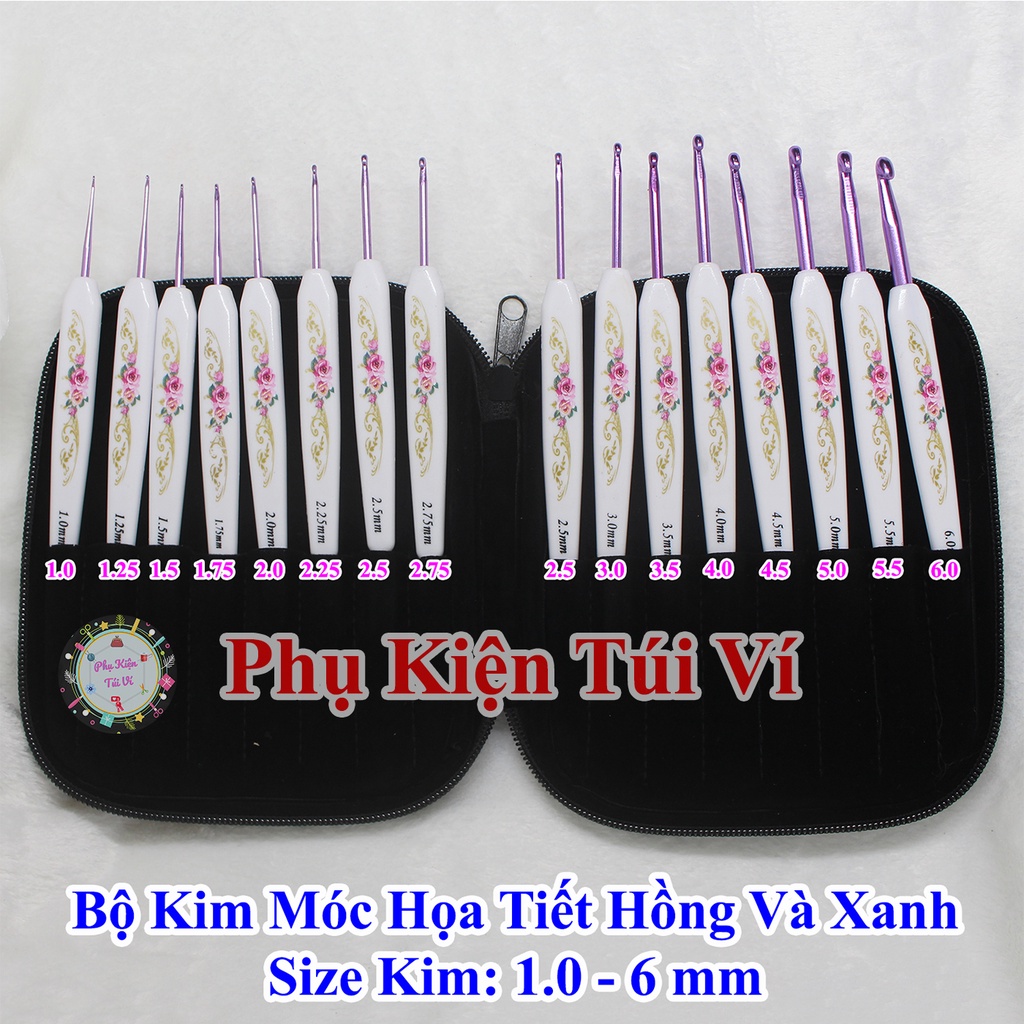Bộ kim móc họa tiết hồng và xanh