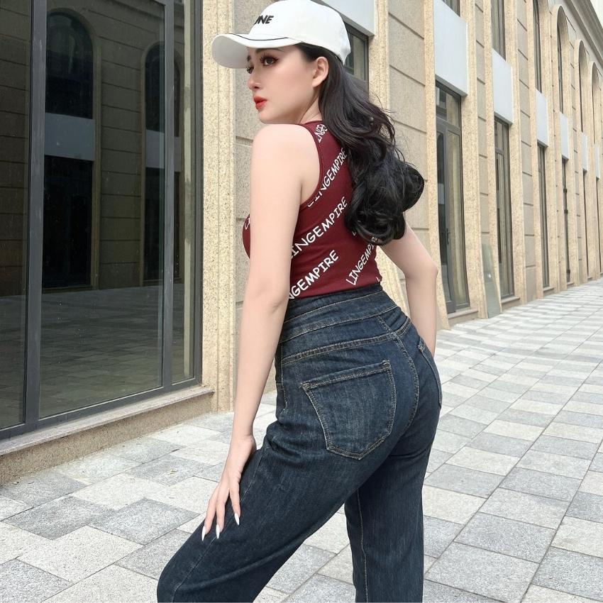 Quần jean nữ dáng baggy đen lưng cao ôm trơn ống đứng chất xịn dày dặn cao cấp 2014