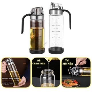 Bình thủy tinh đựng dầu ăn, gia vị nắp đóng mở tự động có tay cầm