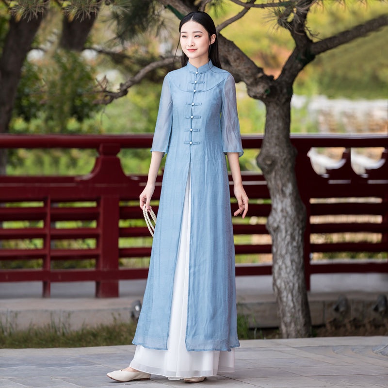 Bộ Đầm Sườn Xám Cách Tân / Áo Liền Quần Ống Rộng Thời Trang Xuân Thu Phong Cách Mới Cho Nữ IN8E