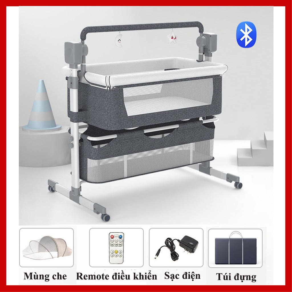 Cũi kề giường đa năng gấp gọn, nôi điện cho bé BABY BED đung đưa 5 cấp độ, nâng hạ 3 mức