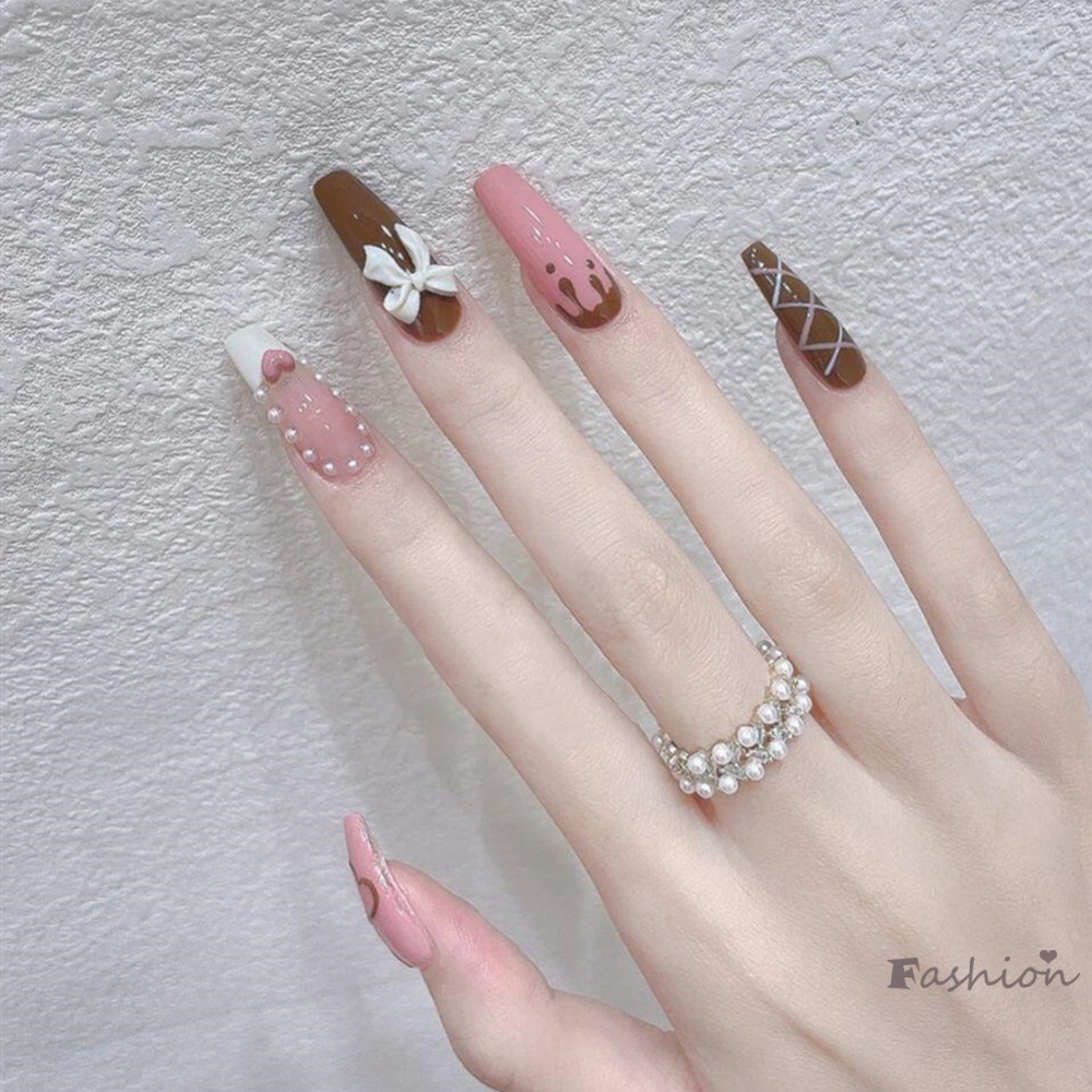 Bộ 24 Móng Tay Giả 3D Màu Cà Phê Xinh Xắn Cho Nữ