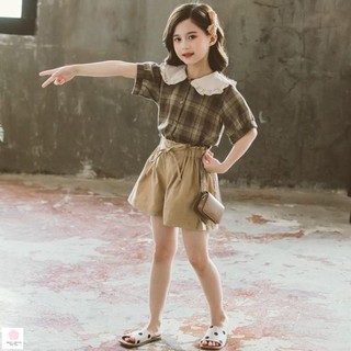Thời trang bé gái 12 tuổi (3 - 12 tuổi)  ☑️ Set Áo Kẻ Ngắn Tay + Quần Short Thời Trang Cho Bé Gái