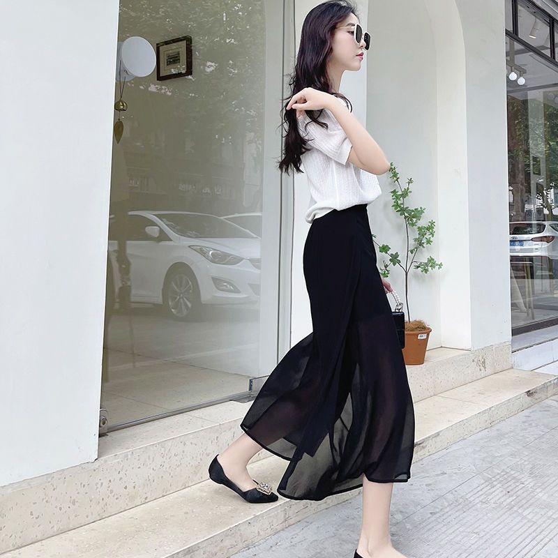 Quần Dài Ống Rộng Vải Voan Mỏng Eo Cao Xẻ Tà Kiểu Hàn Quốc Thời Trang Cho Học Sinh