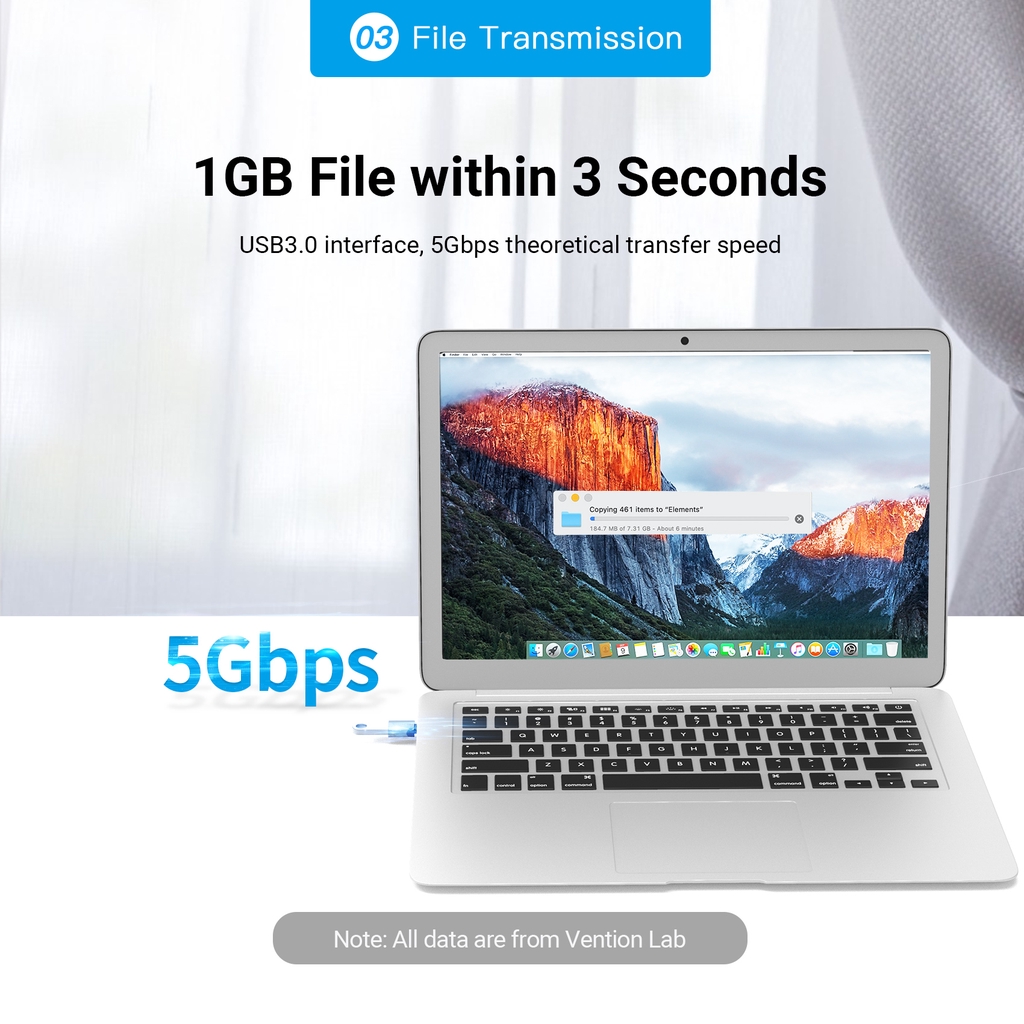 Đầu chuyển đổi Vention Type C sang USB 3.0 OTG 5Gbps 3A mạ niken có thể làm móc khóa dễ mang theo cho Laptop/điện thoại