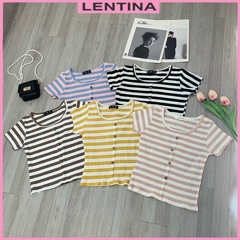 Áo thun gân croptop nữ kiểu kẻ sọc tay ngắn cổ tròn phối màu trẻ trung cá tính