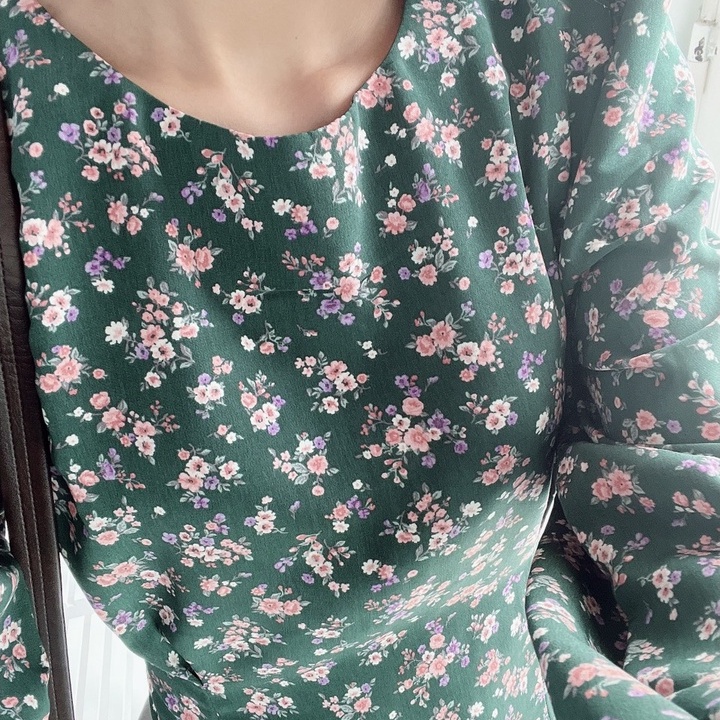 [Ảnh thật] Đầm midi hoa nhí tay dài cột nơ