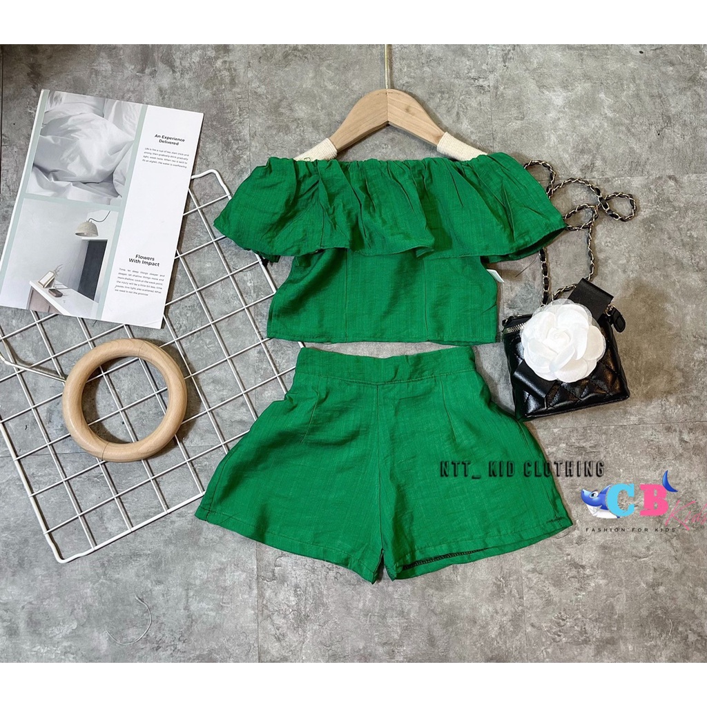 Bộ trễ vai mùa hè bé gái, bộ áo trễ vai bèo croptop chất đũi nhẹ tênh cho bé
