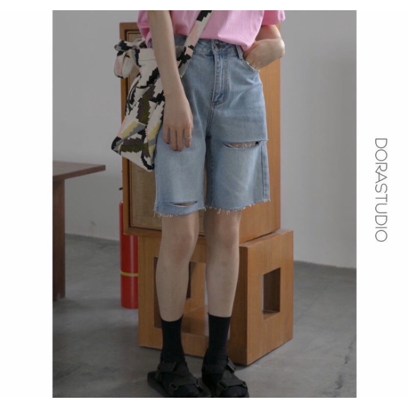 [Bigsize 30-35] Quần Ngố Jean Ống Rộng Rách Đùi/Gối, Lưng Cao Qua Rốn, Không Co Giãn