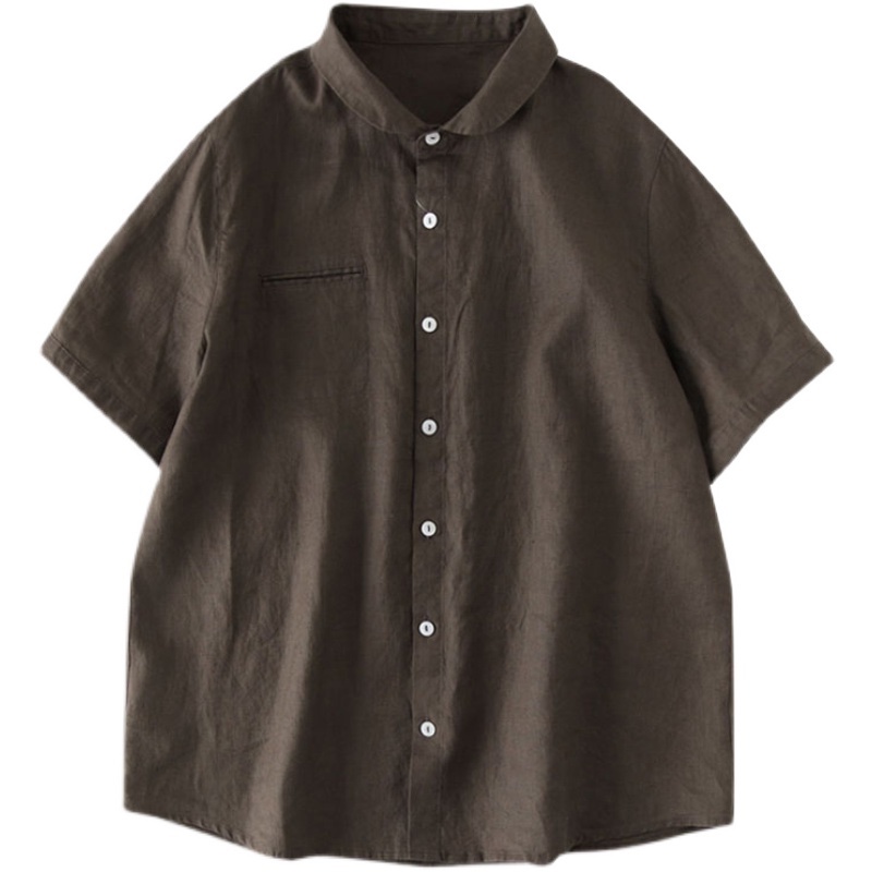 Ice cotton linen short-sleeved shirt Japanese stand-up collarblouse second to kill the big brand withdraw single cut label