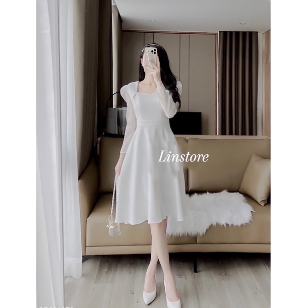 Váy trắng dài tay dự tiệc ,đầm đi cưới dáng chữ A sang chảnh LINSTORE thiết kế V25