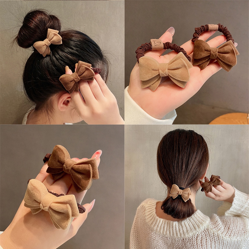 Dây Buộc Tóc Cao Su Màu Nâu Phối Hình Nơ Phong Cách Hàn Quốc Ngọt Ngào Cho Nữ
