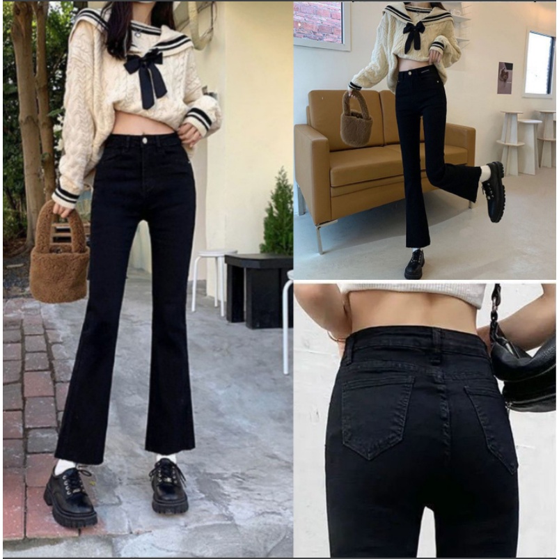 Quần jeans nữ ống loe lưng cao phom dáng dài màu đen chất liệu vải co dãn nhẹ cao cấp xu hướng thời trang 2022