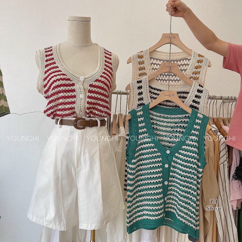 Áo len GhiLe Sát Nách Cài Khuy, Len Đan Móc Vintage Nhiều Màu